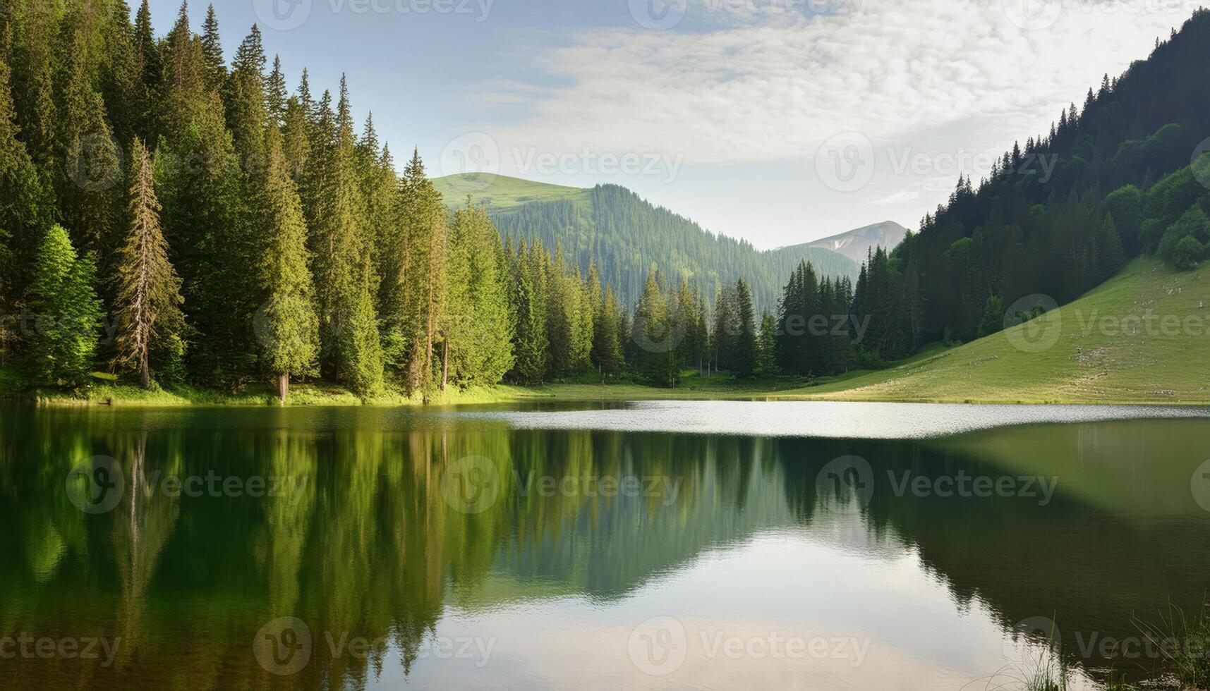A tranquil lake surrounded by lush forests and mountains with a mirror like reflection on the water photo