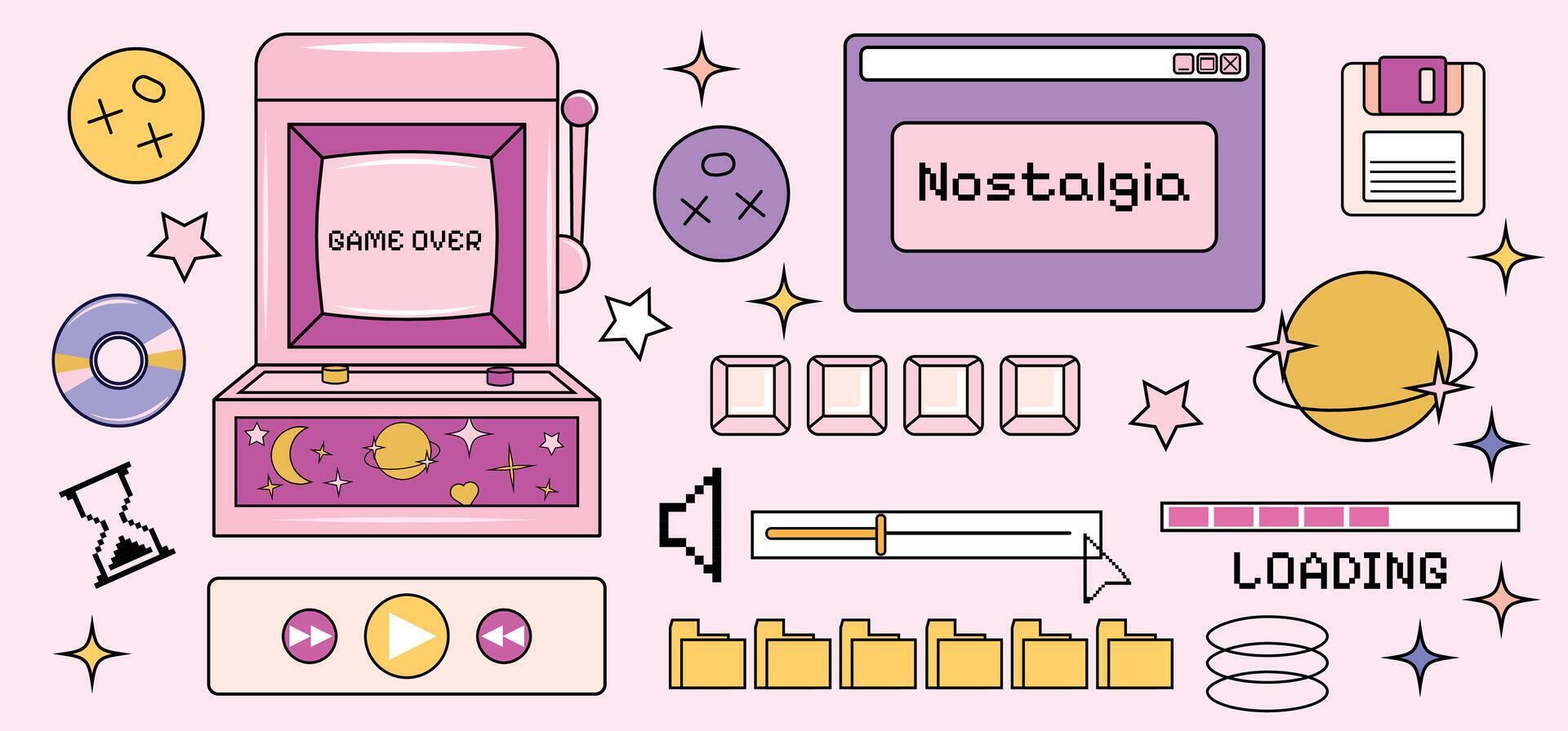 Groovy set in y2k style. Retro collection of browser popup icons. Vaporwave Textbox. Illustration. Slot machine. Psychedelic and hippie design. 00s aesthetic. Sticker Post template. Icons vector