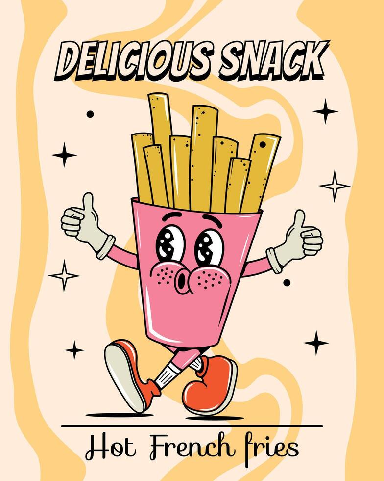 Poster with French fries in groovy style. Food and drinks. Quick snack. Y2k elements and shapes. Comic and character. Cartoon illustration. Walking. Retro face and hands and legs. Snack. Junk food. vector
