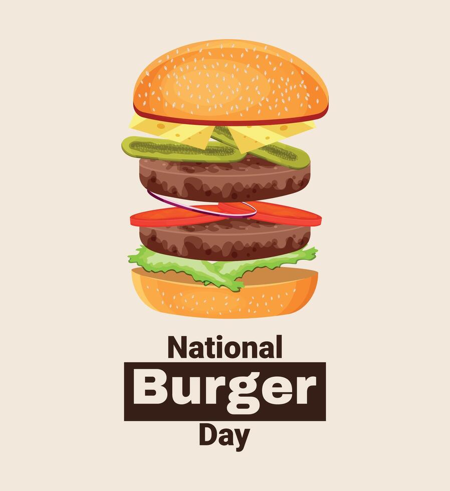 National Burger Day. Junk food day. Fast food day. Illustration. Burger in cartoon style. The burger is opened and what's inside is shown. Cutlet, bun, onion, cucumbers, tomatoes, cheese. vector