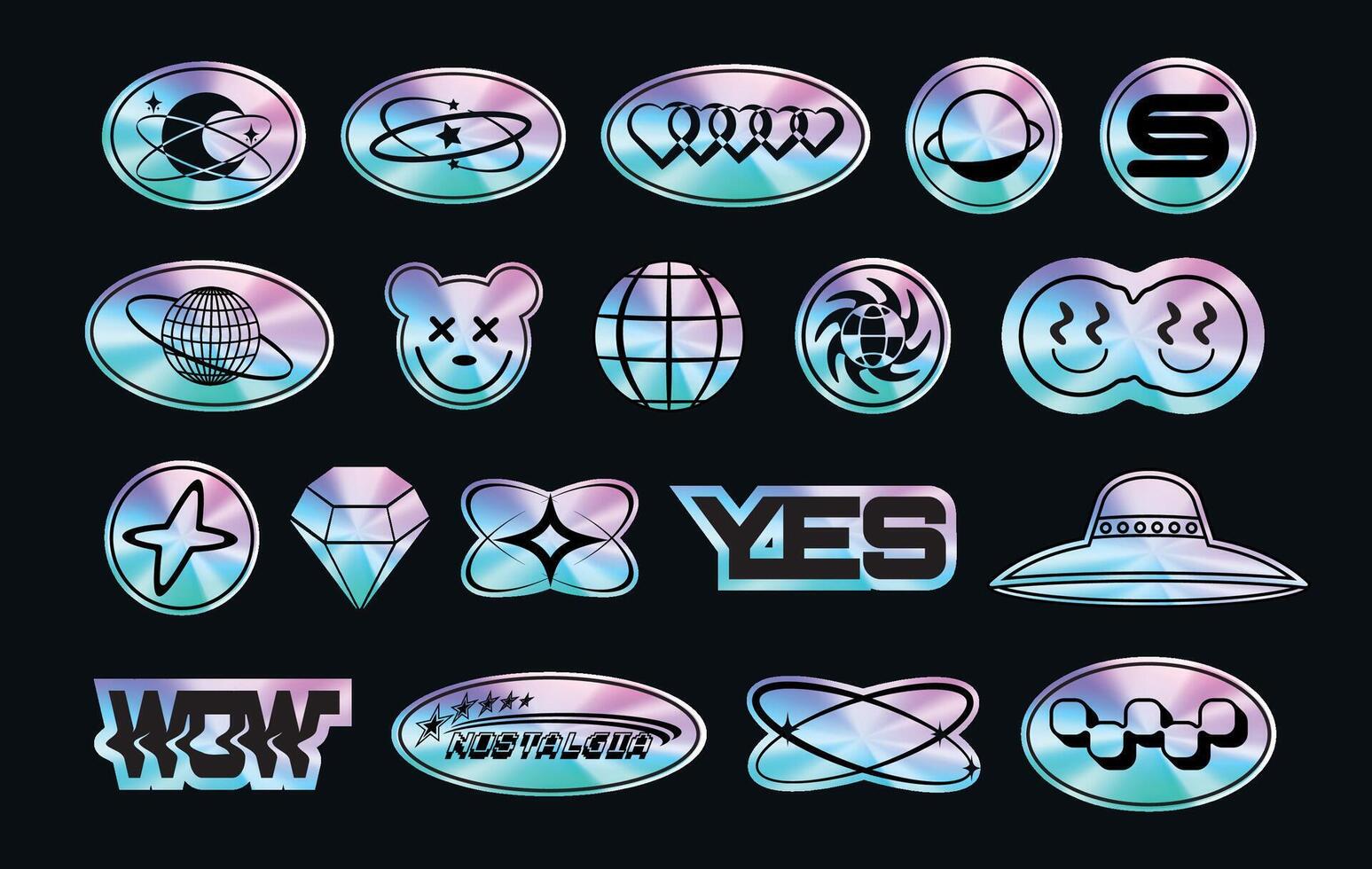 A set of sticker packs in y2k style. Holographic. 3d Retro futuristic design. Foil style labels. Elements. Nostalgia. Trendy Psychedelic. Gloss. Chrome. Abstract. . Cyber. Iridescent vector