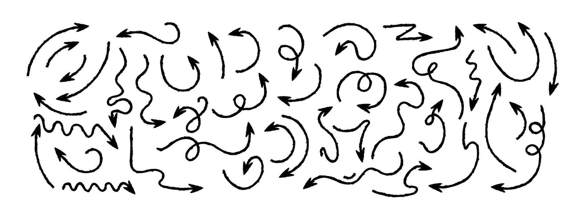 Set trend line arrows. Doodle and hand drawn. Collection of curves drawn by hand and pencil. Sign and symbol, elements. Abstract brush scribbles. Curves, circles. Shapes. Underline. Down and up. Mark vector