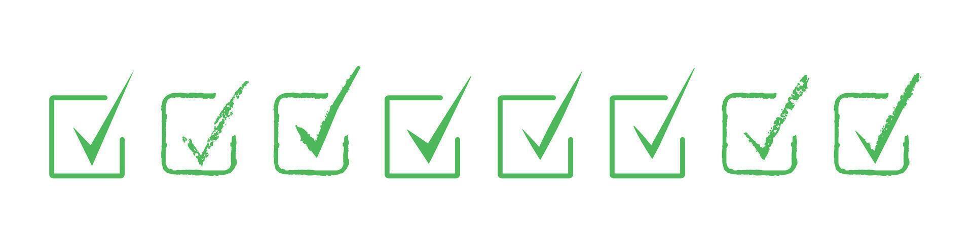 Set of green check marks on a white background. Green tick. Isolated. Correct. Trendy icons. Symbol sign. Hand drawn. Doodle. Grunge textures. Brush. Ok. Verified. Textbox. Frame. Acceptance vector