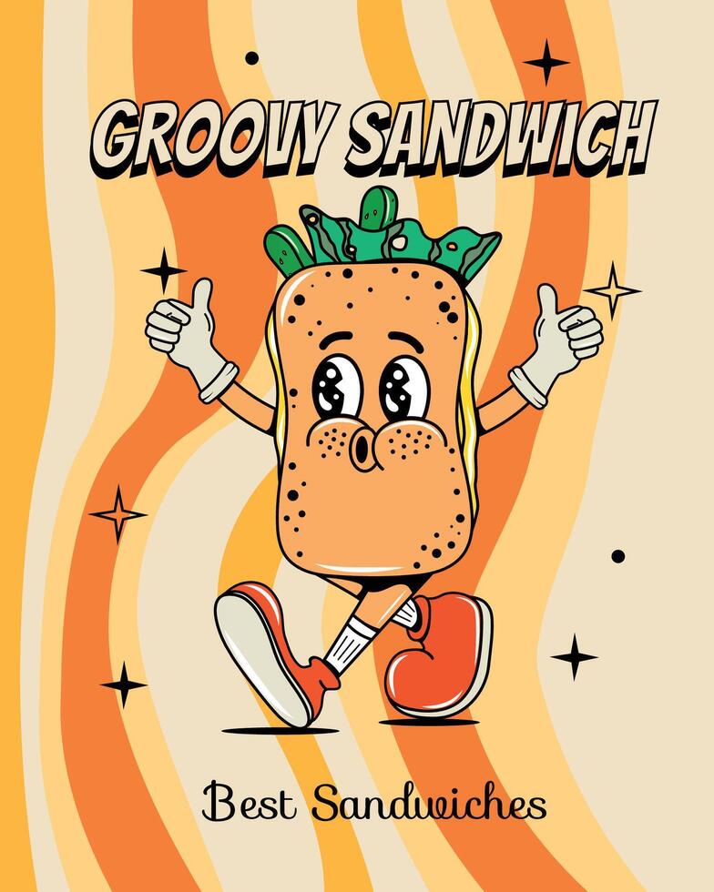 Sandwich poster in groovy style. Food and drinks. Quick snack. Y2k elements and shapes. Isolated. Comic and character. Legs and hands. Cartoon illustration. Walking. Retro sticker. Fresh vector