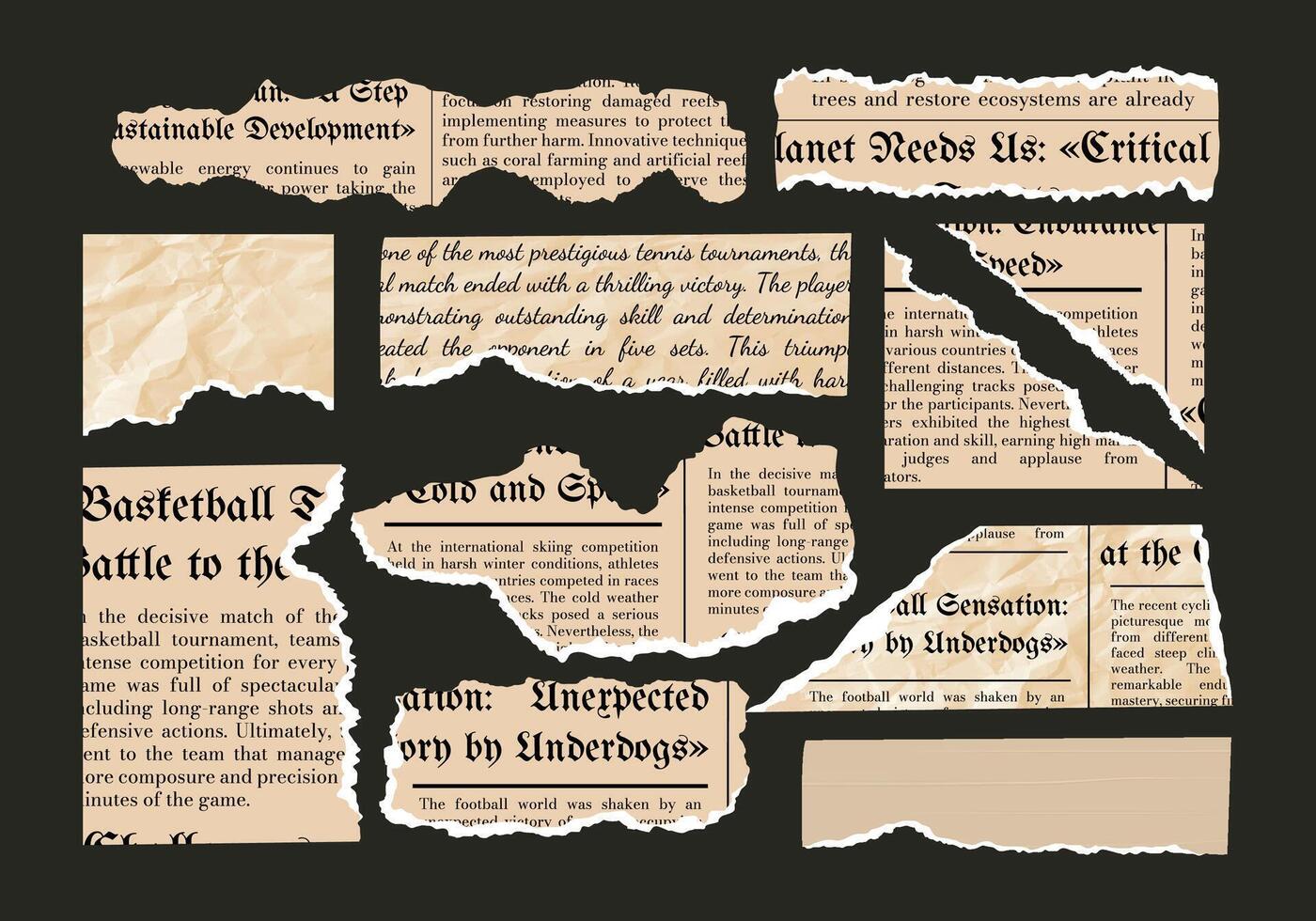 Crumpled torn paper. Jagged edges. Collage. Frame and textbox. Concept scraps background, newspaper fragments and tape. Trendy design elements. Template. Set and collection. Old sheets. Breaking news vector