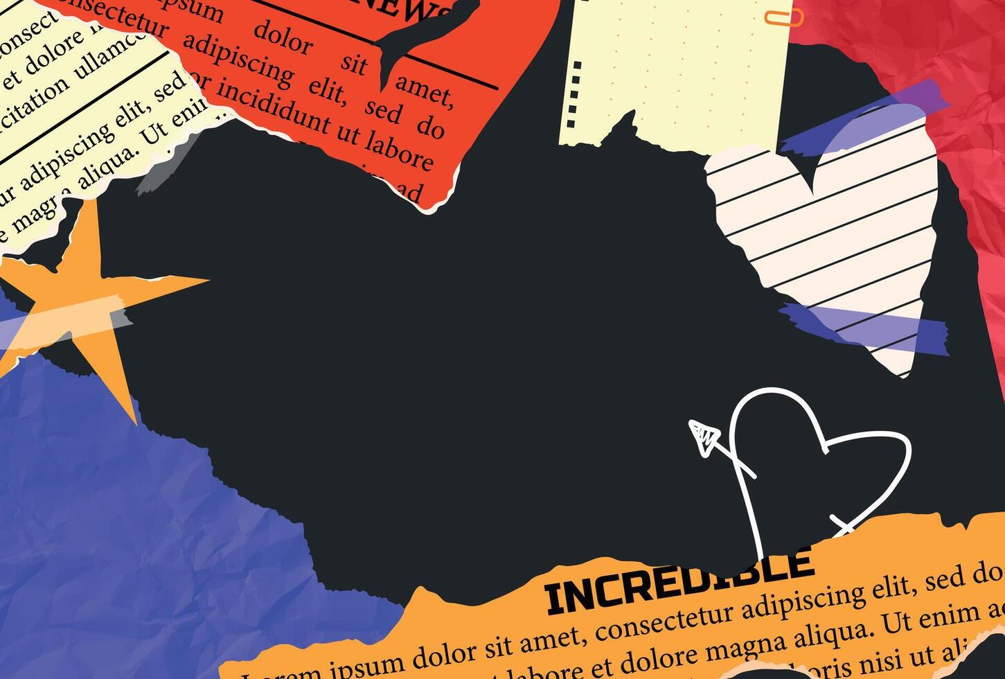 Crumpled torn paper. Jagged edges. Collage. Concept of scraps on a black background, newspaper fragments and tape. Element of trendy modern design. Template. Set and collection of sheets. Old notebook vector