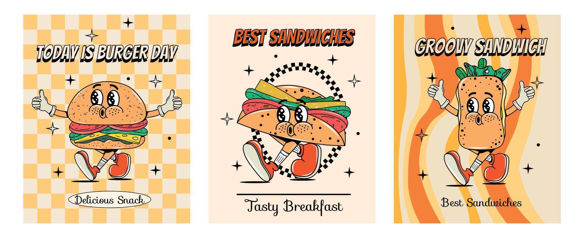 Set of food posters in groovy style. Food and drinks. Quick snack. Y2k elements and shapes. Comic and character. Walking. Retro character with face and hands and legs. Psychedelic and hippie. 2000s. vector