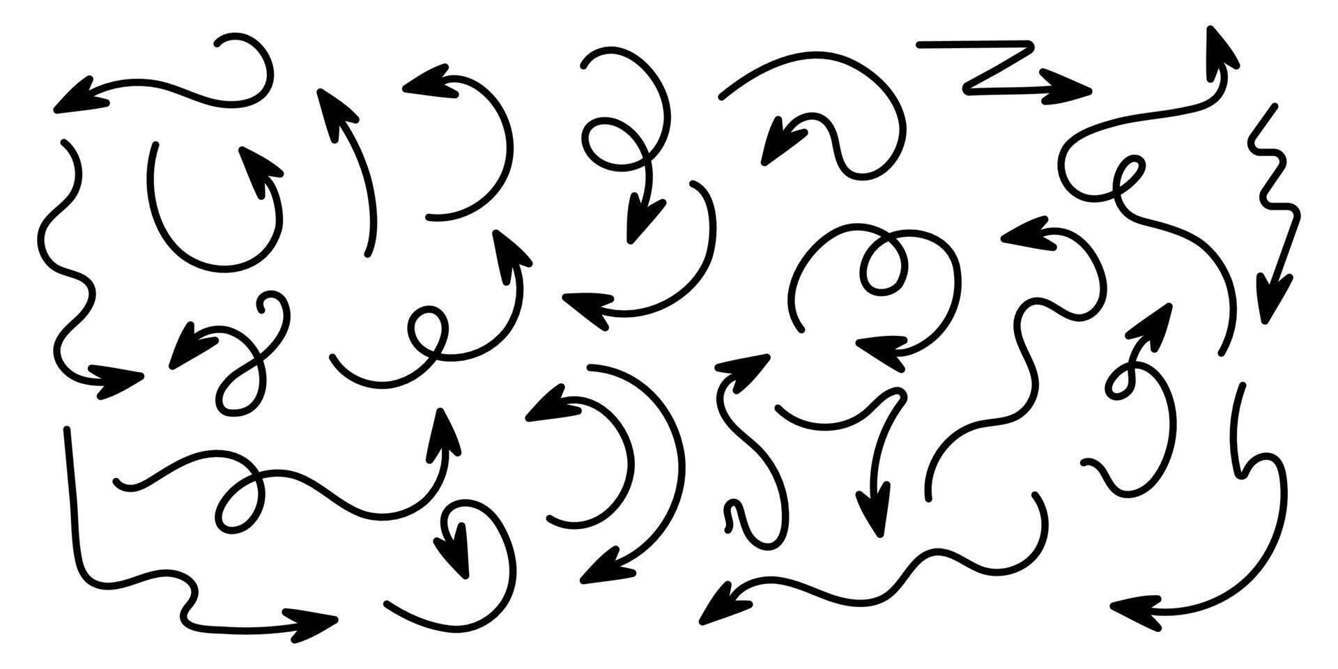 Set of editable trend line arrows. Doodle and hand drawn. Collection of curves drawn by hand and pencil. Sign and symbol, elements for design. Simple abstract scribbles. Curves and circles. Shapes. vector