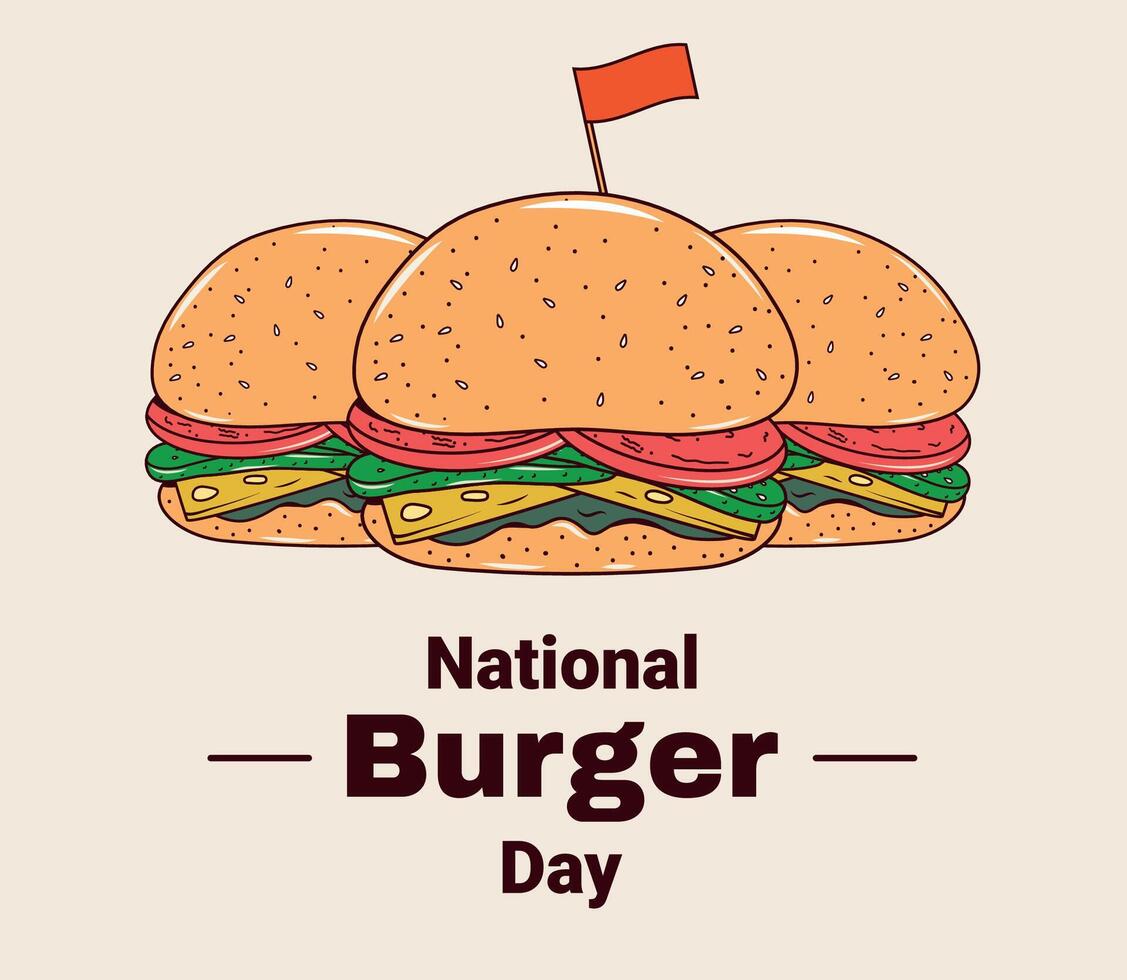National Burger Day. Junk food day. Fast food day. Illustration. Burger in a modern trendy groovy style. Nutrition and unhealthy food. A set of three burgers with a flag vector