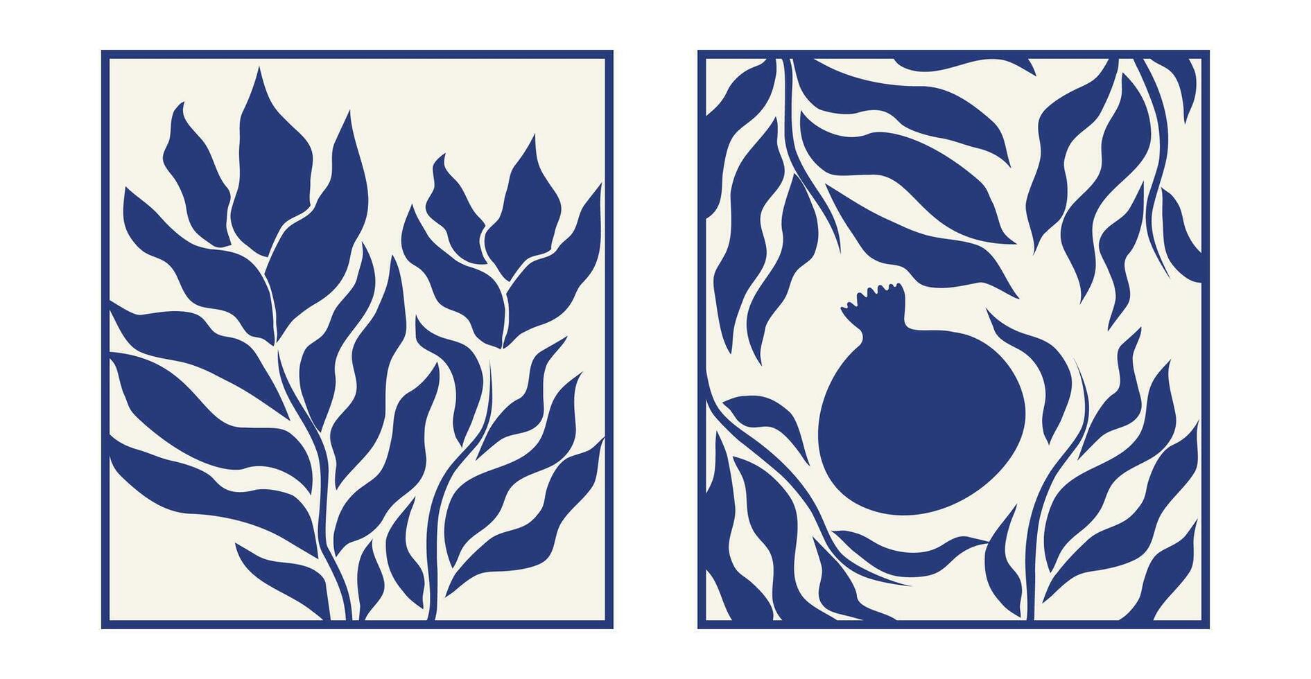 Set of posters in the style of Matisse. Interior and home decoration. Abstract. Flowers and leaves. Botany. Boho. Template. Trendy art pastel floral. Y2k and hippies. Psychedelic. 60s and 70s. vector