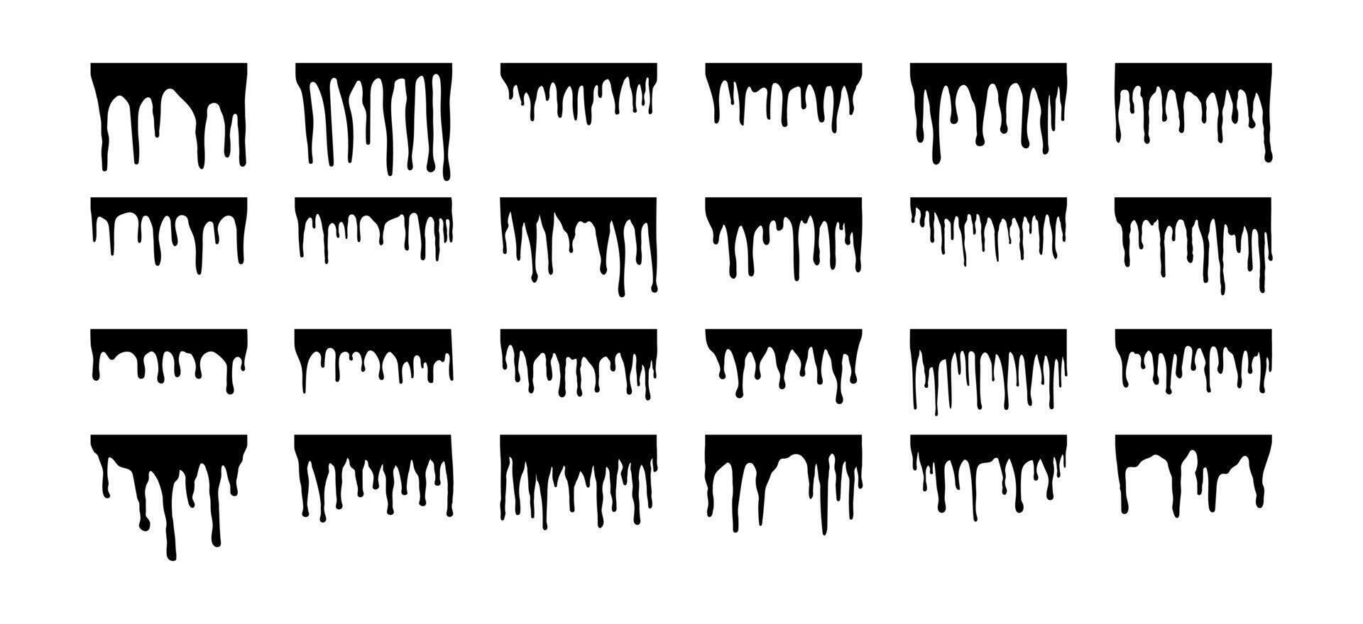 Set and collection of melted paint drip elements. Stream of splashes. Drops and flow of watercolor, oil paint, spray paint in black. Liquid ink. Grunge. Hand drawn. Doodle. Spots silhouettes. Color vector