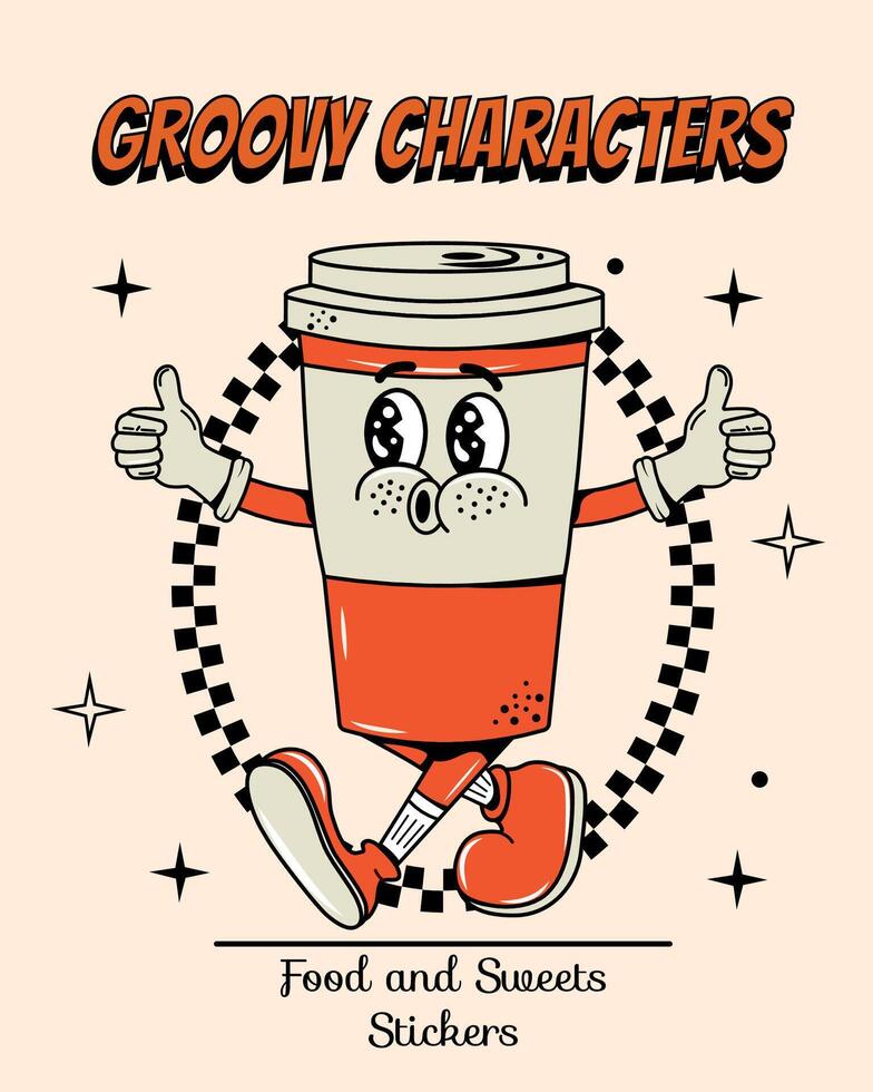 Coffee poster in groovy style. Food and drinks. Quick snack. Y2k elements and shapes. Cartoon illustration. Walking. Retro character with face and hands and legs. Hot drinks. Psychedelic and hippie. vector