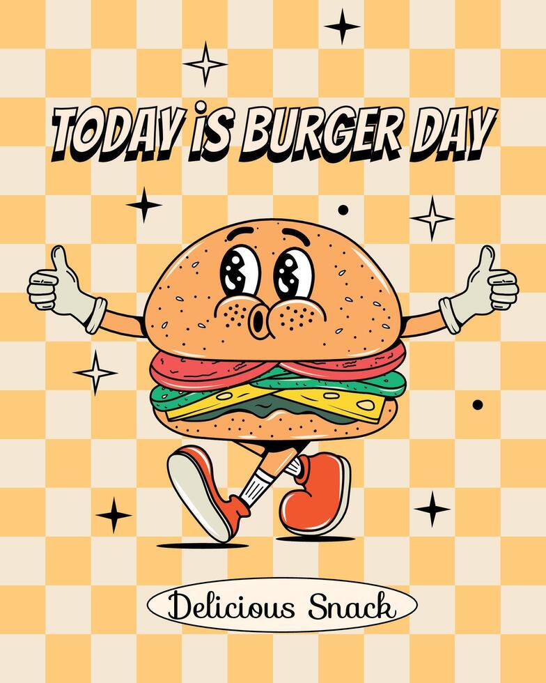 Burger poster in groovy style. Food and drinks. Fast food. Y2k elements and shapes. Isolated. Comic and character. Legs and hands. Cartoon illustration. Walking. Retro sticker. Junk food. vector