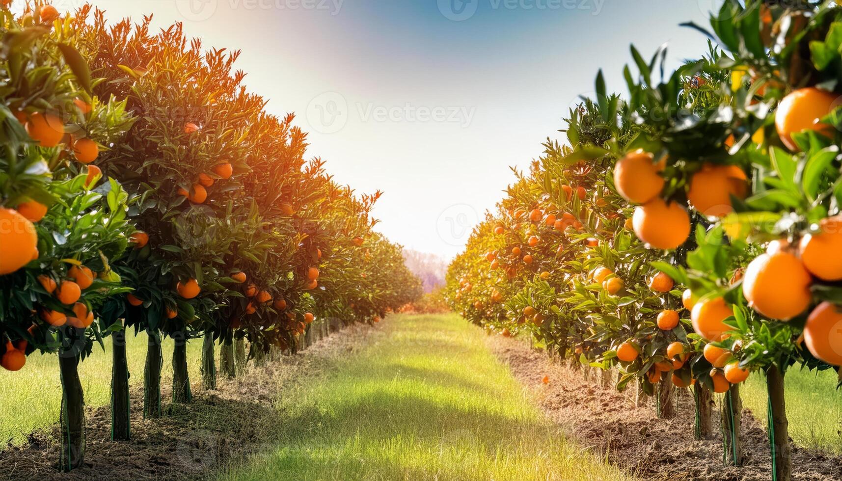 Rows of orange trees laden with fruit in a sunny orchard photo