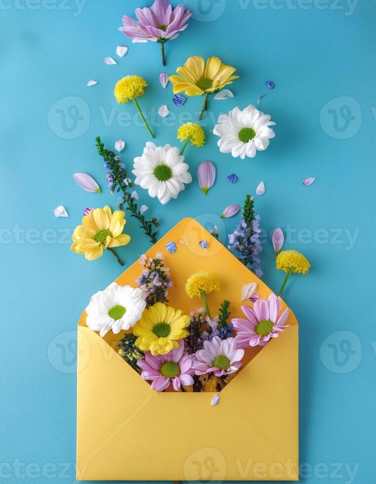 A yellow envelope overflowing with vibrant flowers photo