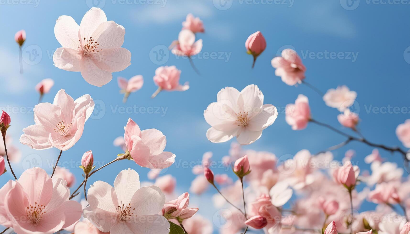 Pink blossoms dance in the gentle breeze against a bright blue sky photo