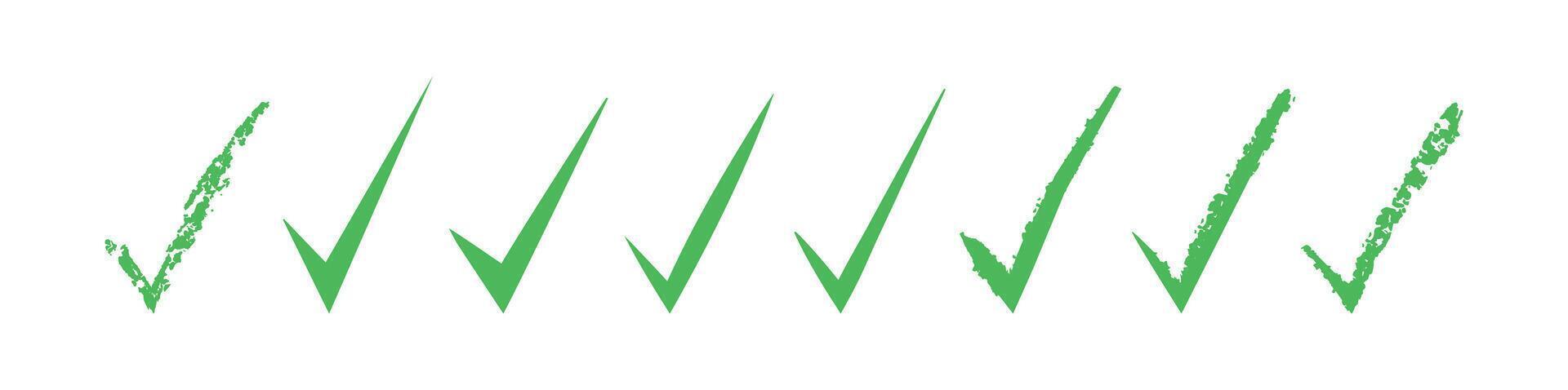 Set of green check marks on a white background. Green tick. Isolated. Correct. Icons. Symbol sign. Hand drawn. Doodle. Grunge textures. Brush. Ok. Verified vector