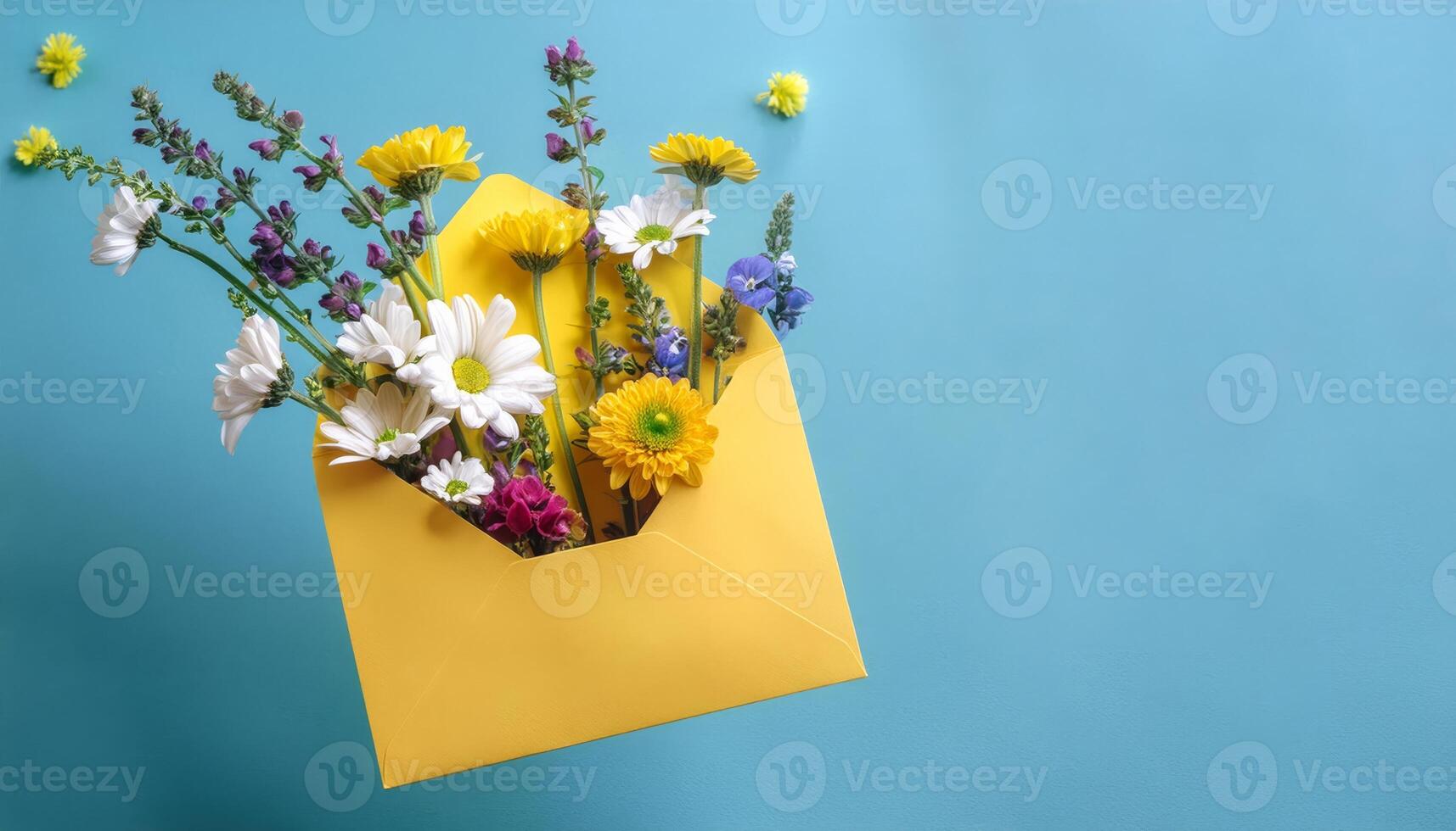 A yellow envelope overflowing with a colorful bouquet of flowers photo