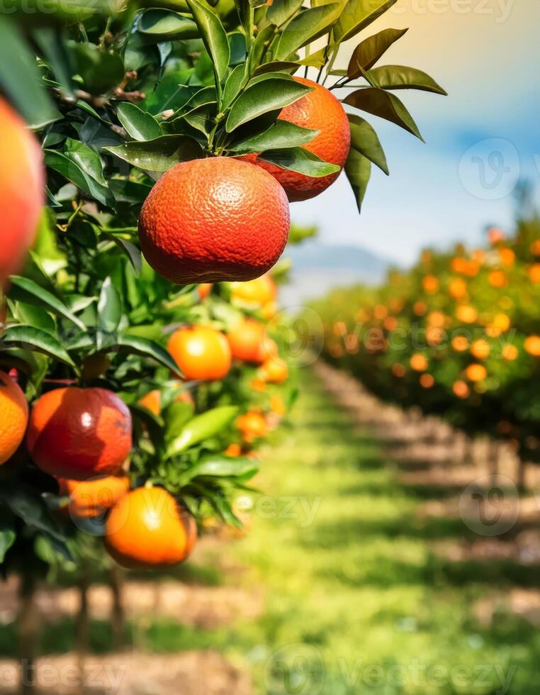 Rows of orange trees laden with ripe fruit photo