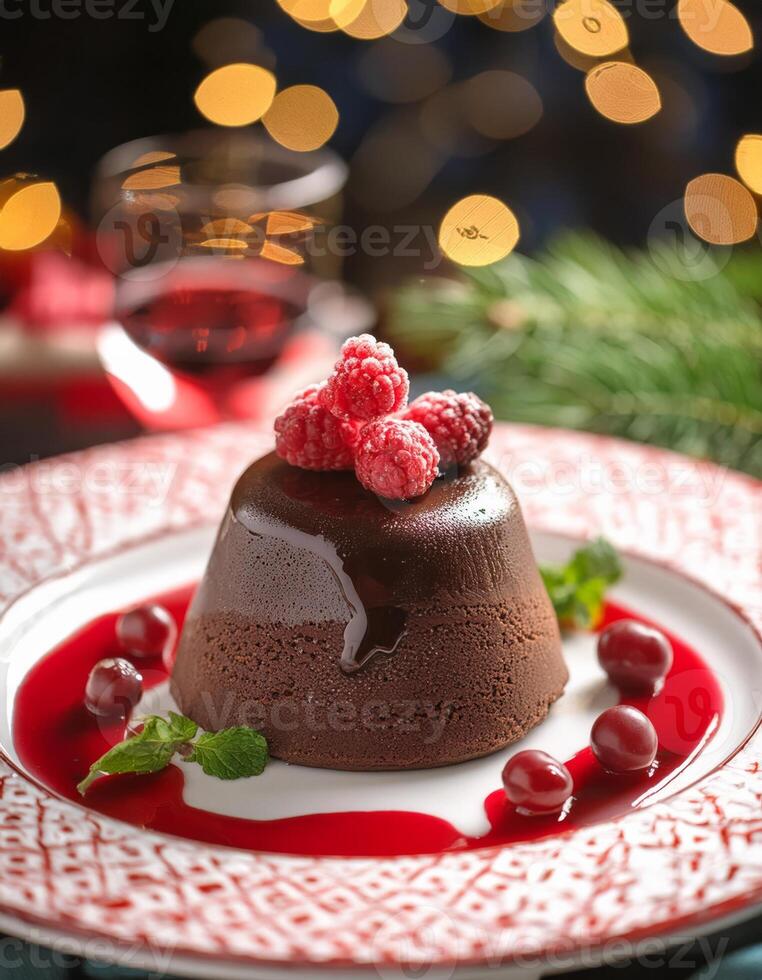 A chocolate dessert with a raspberry topping and a red sauce photo
