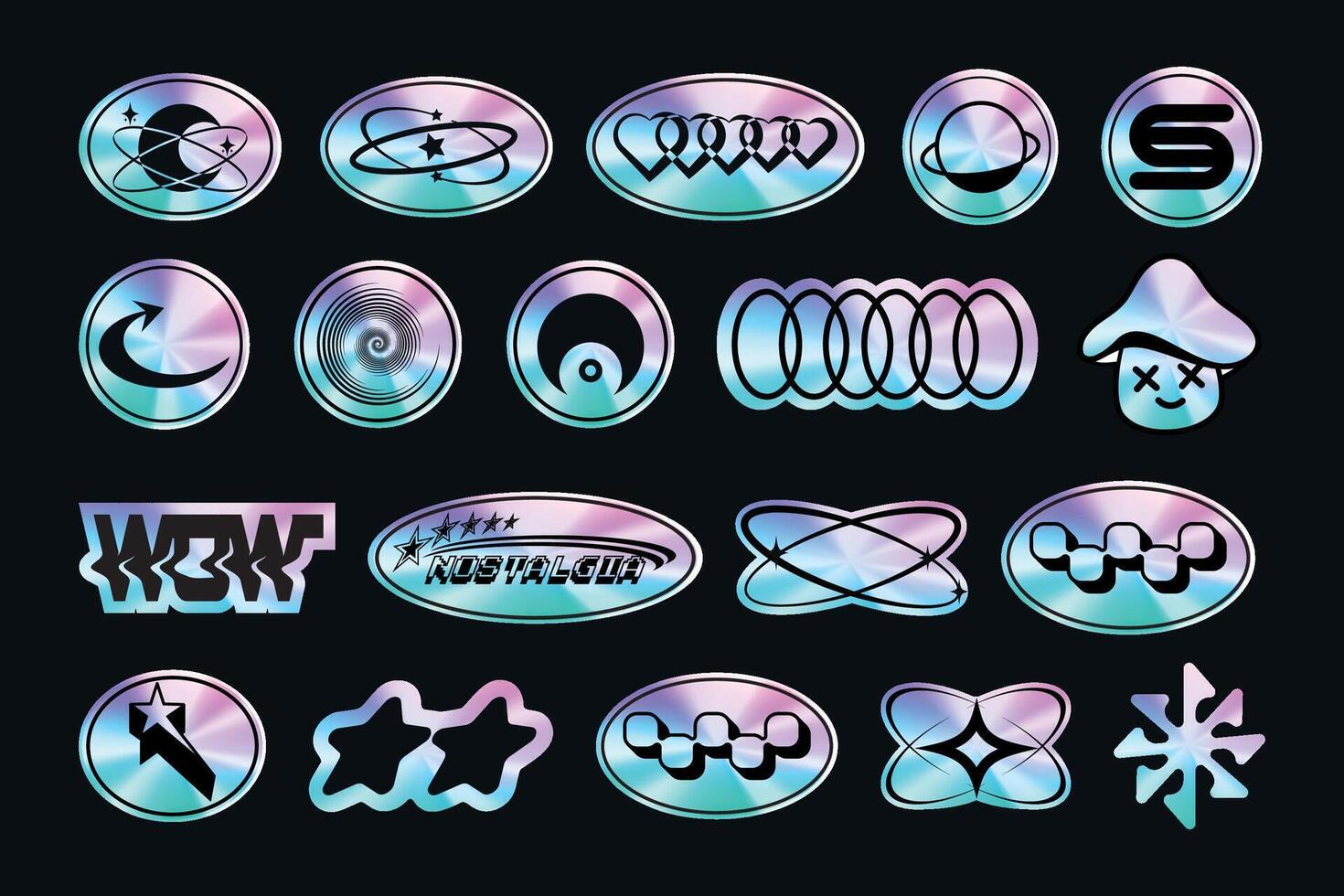 A set of sticker packs in y2k style. Holographic gradient texture. 3d Retro futuristic. Foil style labels. Rainbow Elements. Nostalgia.High-quality. Trendy Psychedelic. Gloss Cyberpunk tag. Stamp vector