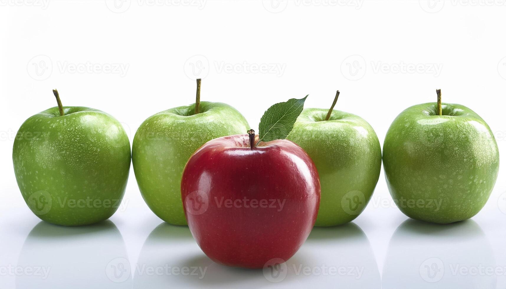 One red apple stands out among a row of green apples photo