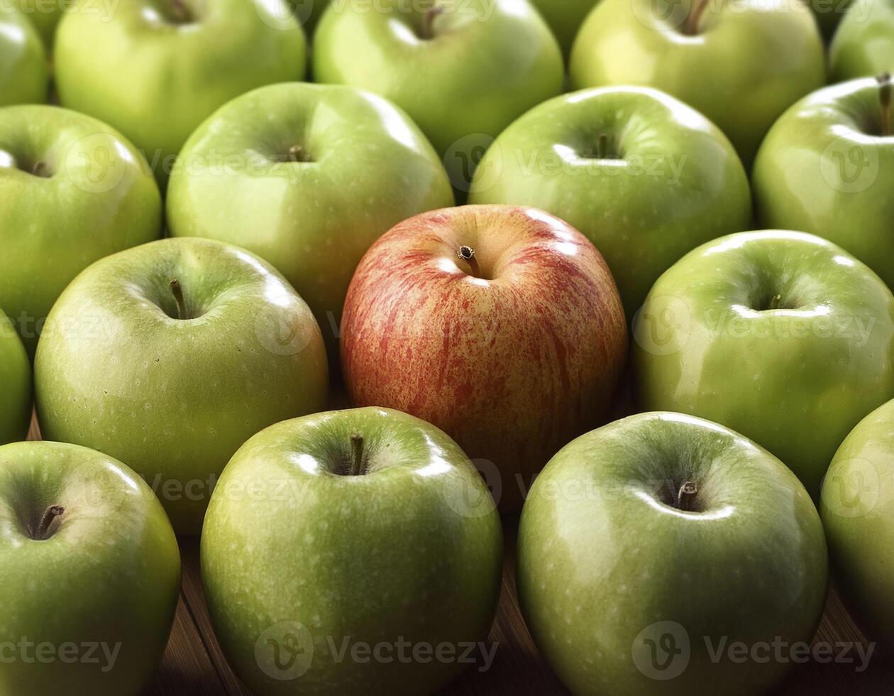 A single red apple stands out amongst a cluster of green apples photo