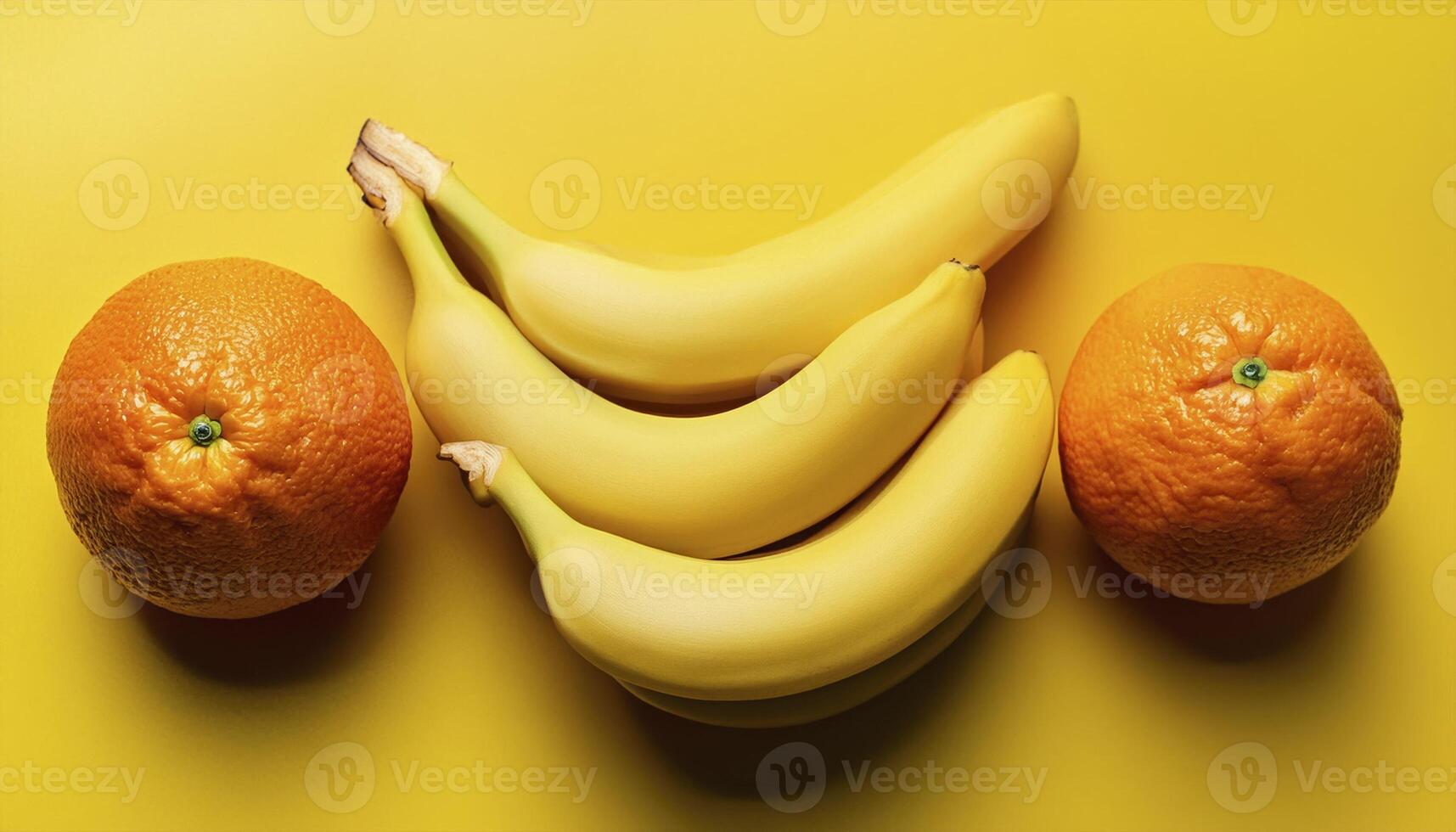Three bananas and two oranges on a yellow background photo