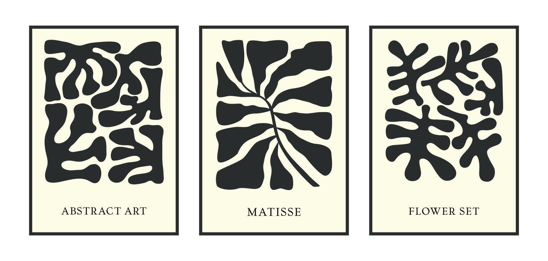Set of posters in the style of Matisse. Interior and home decoration. Abstraction. Flowers and leaves. Botany. Boho. Template. Trendy art pastel beige floral. Y2k and hippies. Psychedelic. 60s, 70s. vector