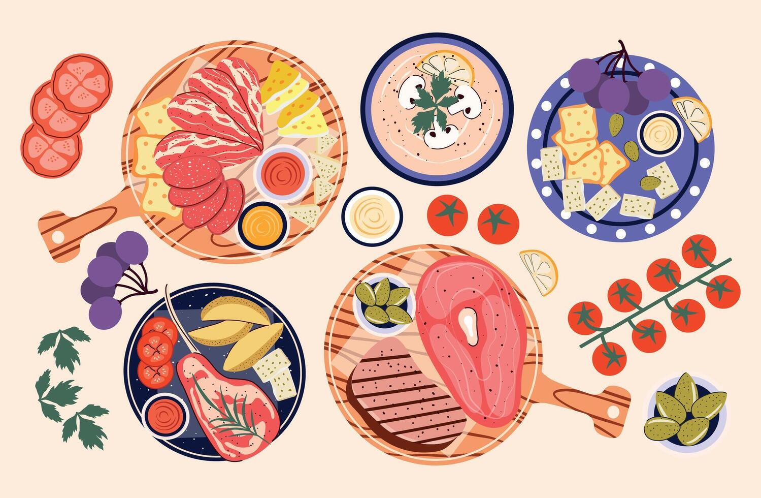 Process of cooking food from above. Ingredients for dishes and food. Chef. Kitchen. Culinary concept. Workshop. Master Class. Preparing food. Flat style. Meal. Making steak, blue cheese, potatoes, ham vector