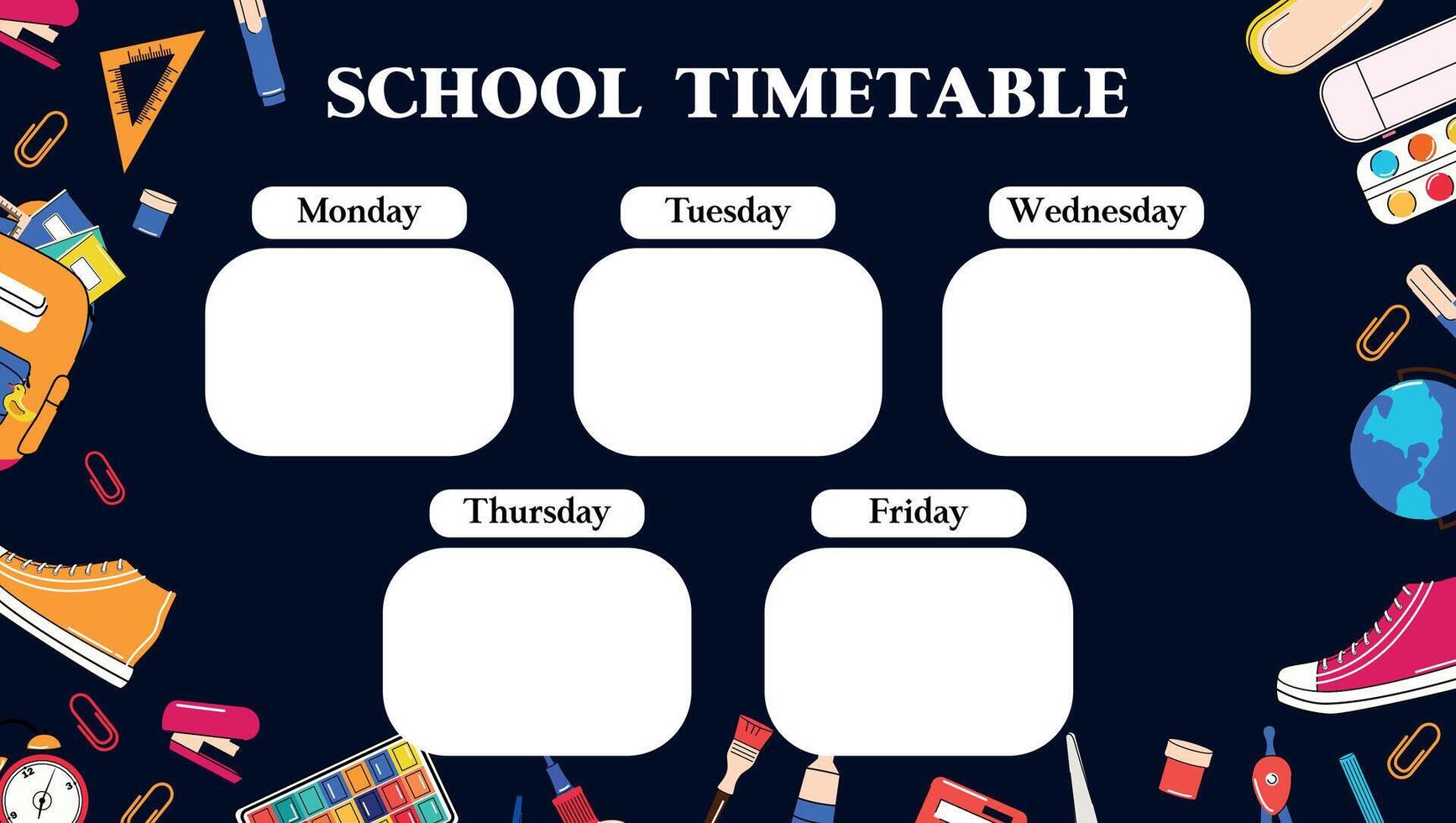 School supply and . School schedule. Timetable. Disciplines. Education and knowledge. Back to school. Backpack in flat trendy style. Calendar with lessons for students. Design for poster, flyer, web. vector