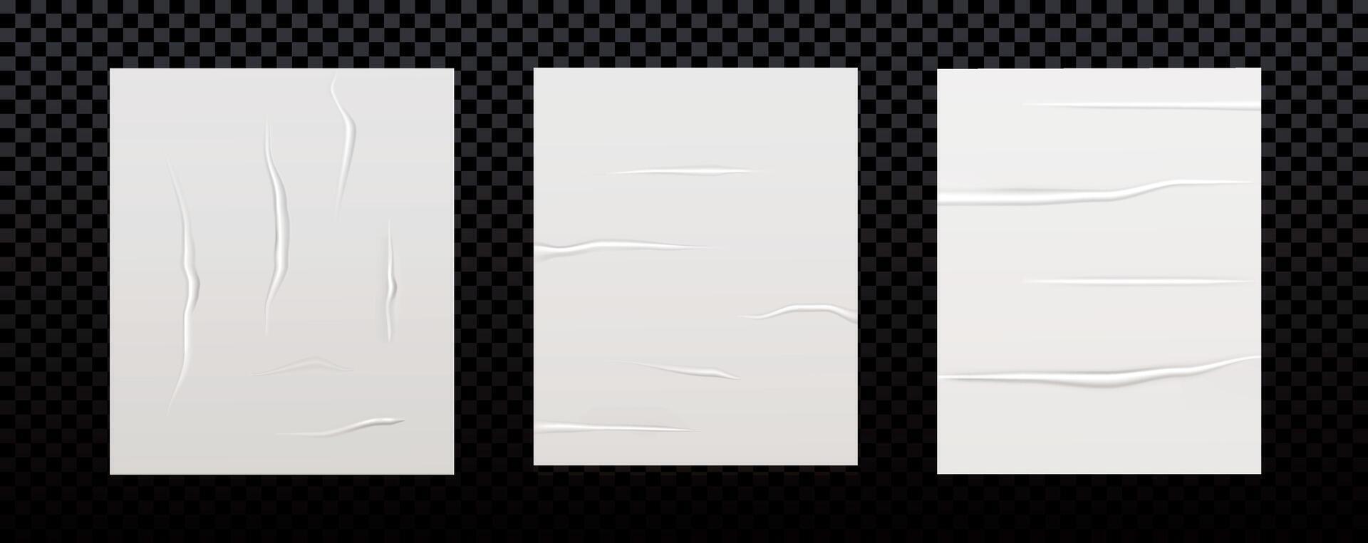 Set and collection of glued posters. Mockup. Collage trend element . Paper. The sheet are wrinkled. Grumble texture effect for template. Realistic. Sticker label. Wet sticky style and grease vector