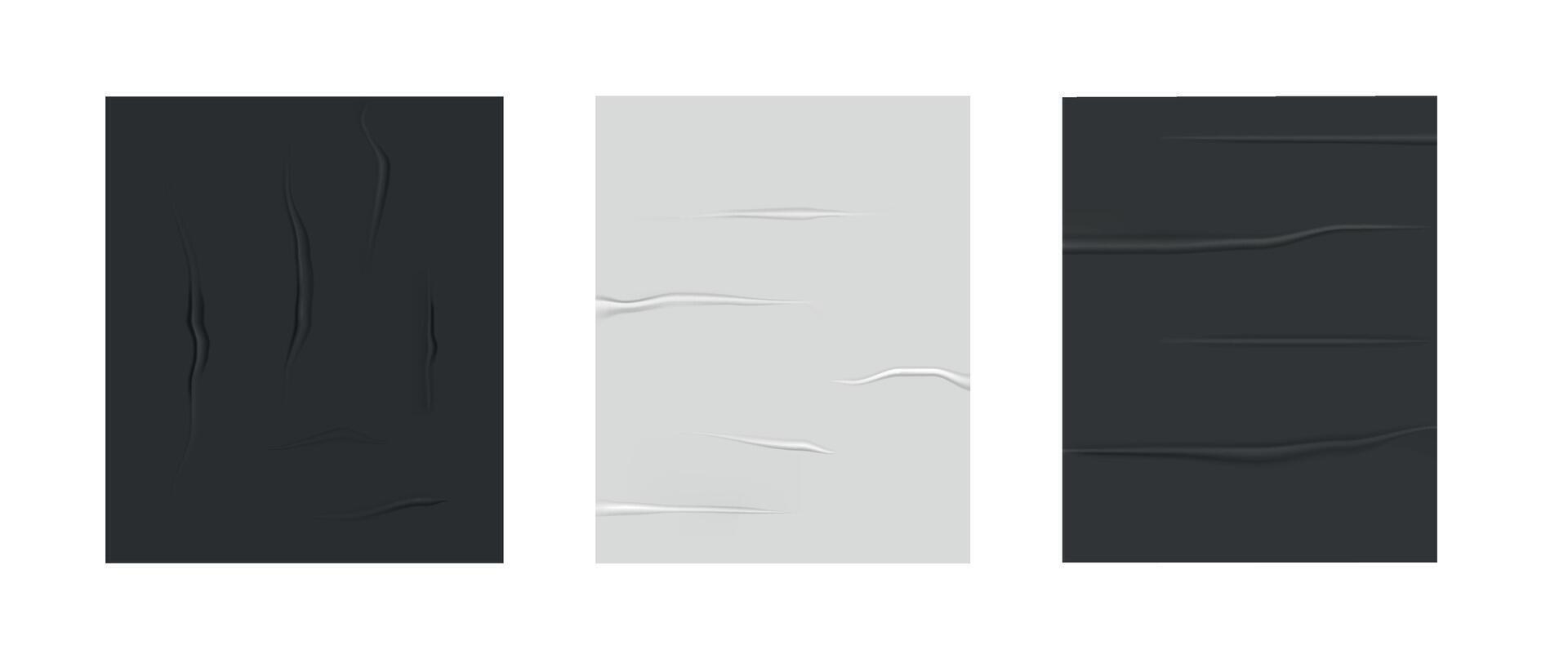 Set and collection of glued posters. Mock up. Collage trend element for design. Paper. The sheet are wrinkled. Texture for the template. Realistic. Blank white album. Sticker label. Wet grease vector