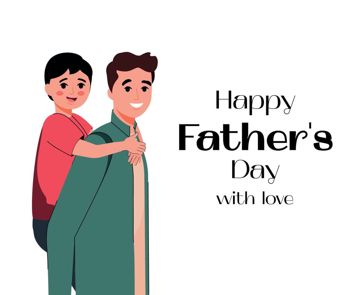 Best Dad. Father's Day. Generation. Family. A man holds a son on his back. Illustration. Side view. Embrace. Together. Flat style. Characters. Young and old. June 16. A small child vector