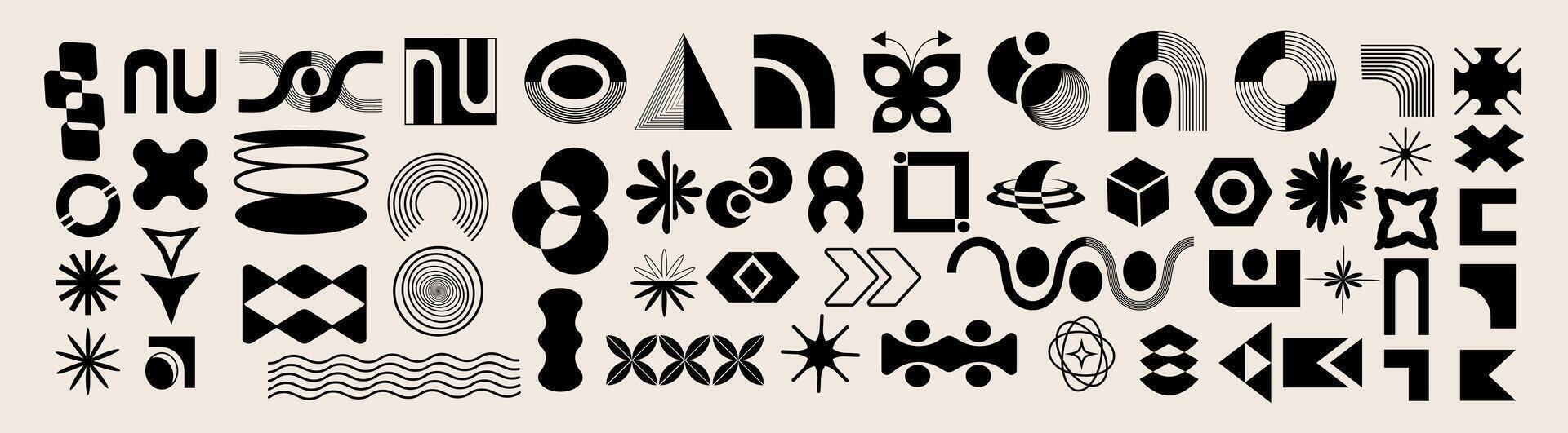 A set of abstract black geometric figures in brutalist style. Trendy minimalism. Modernism. Bauhaus. Symbols Y2k.Memphis extraordinary design. Groovy circles. Swiss simple shapes. 60s-70s. Modern vector