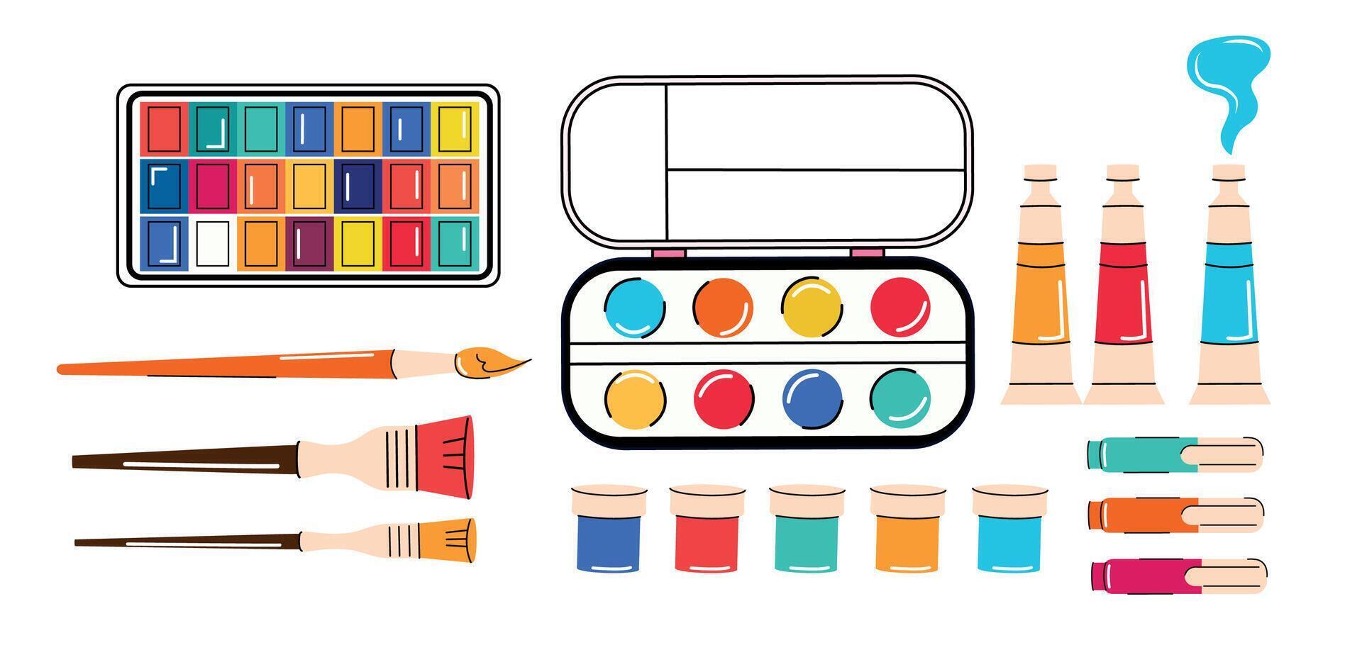 Drawing set. Palette with paint, gouache, watercolor, marker, brushes for art. Artist. Trendy flat style. Supply for hobbies. Children. Hand drawn. Element set. Tools. Paint tubes. Equipment. Isolated vector