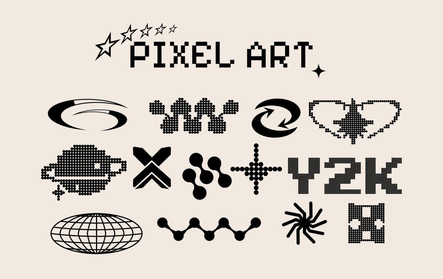 Pixel art figures in abstract form. Y2k sticker. Games are 8 bit. Arcade style. Collection icons pack. Doodle. Set retro and vintage. Trendy elements and geometric shapes vector