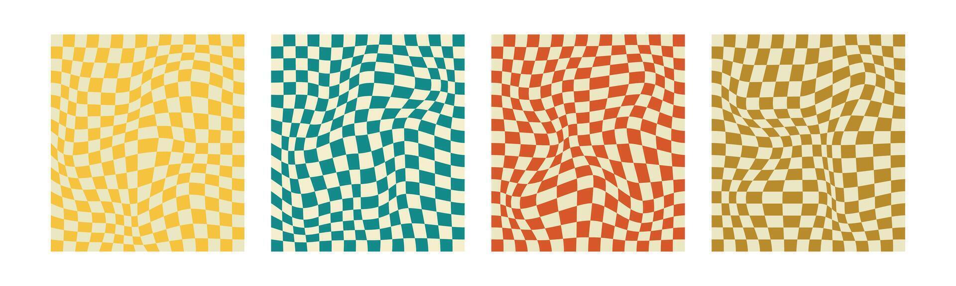 Set of chess board backgrounds. Psychedelic design in 60-70s. Pattern in hippie design. Y2k style. White background. Groovy. Trippy. Collection of trendy twirl backgrounds. Swirl and retro. Distorted vector