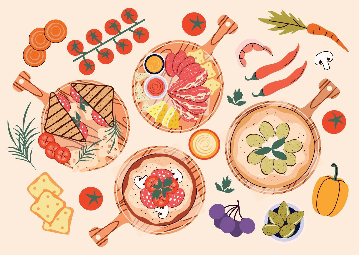 Process of cooking food from above. Ingredient for dishes. Chef. Kitchen. Culinary concept. Master Class. Preparing food. Flat style. Meal. Making pizza, salami, ham. Vegetables. Cutting board. Health vector