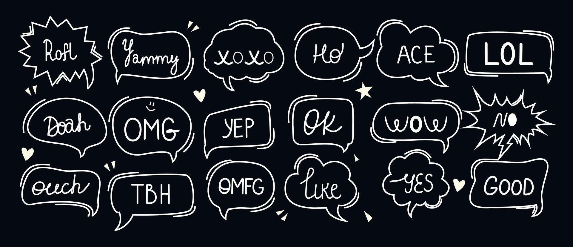 Set and collection of speech bubbles and talks clouds with phrases. Conversation with words. Scribbles elements. Editable stroke,y2k speak, text and textbox. Quotes. Doodle lettering vector
