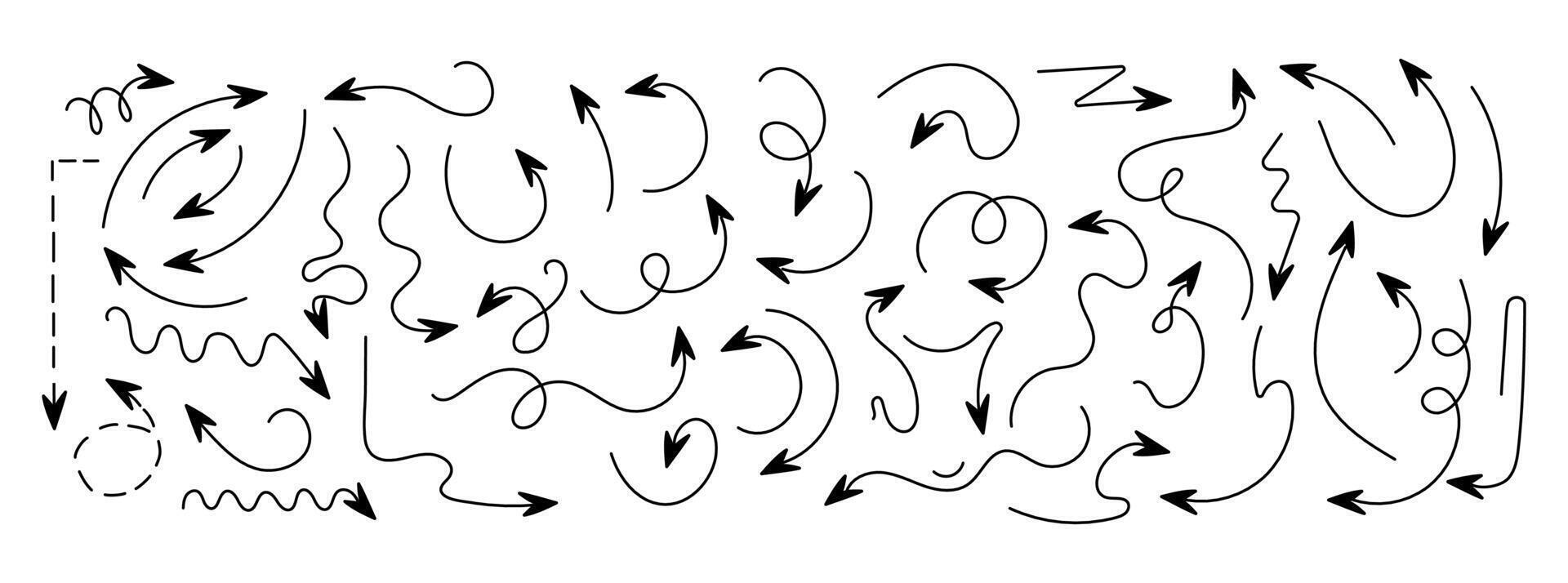 Set of editable trend line arrows. Doodle and hand drawn. Collection of curves drawn hand and pencil. Sign and symbol, element. Abstract scribbles. Curves, circles. Shape. Underline. Down and up. Mark vector