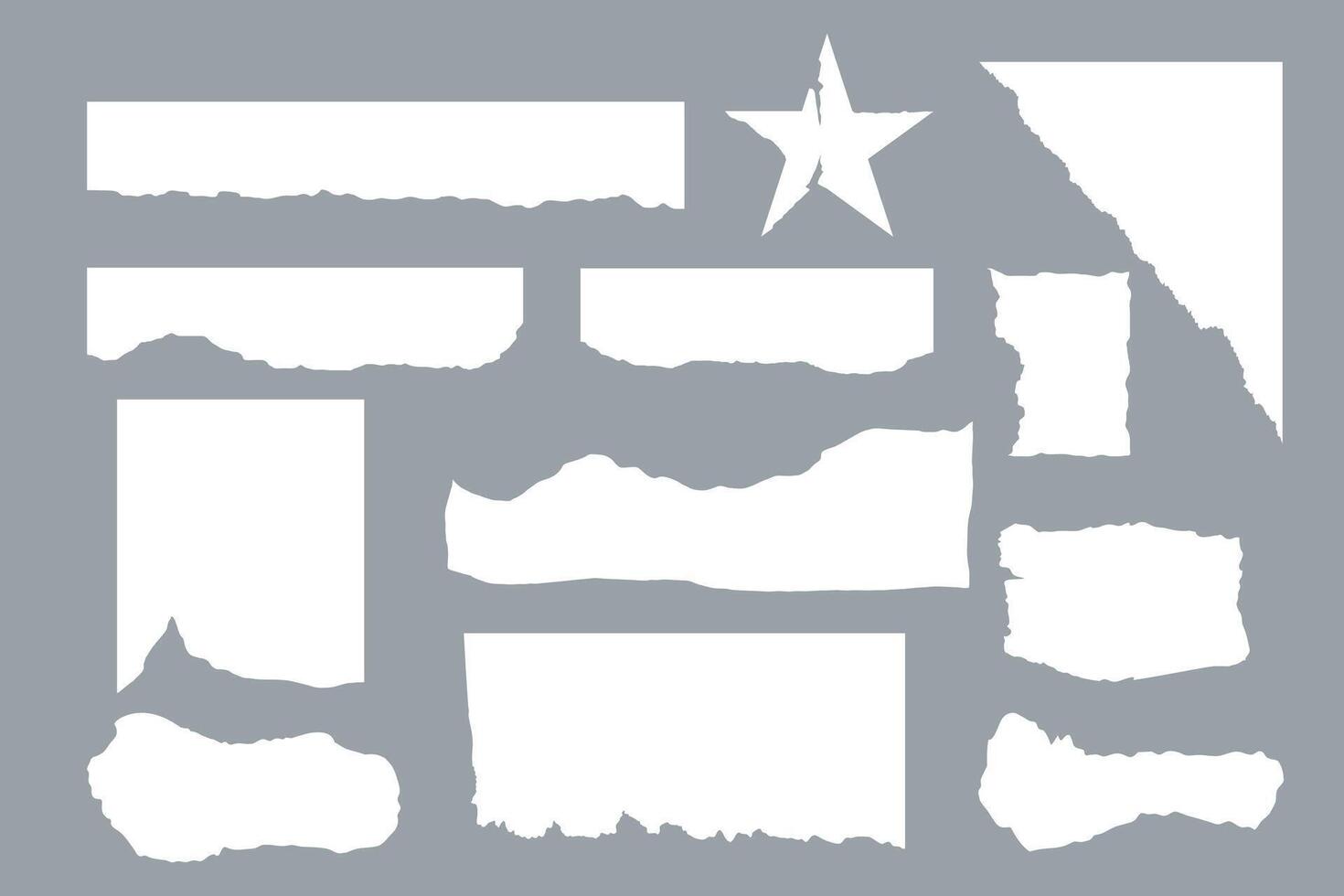 Collection of sheets of torn paper on a gray background. Textbox, frame. Grunge texture. Set of scraps. Notebook and collage. Jagged edges. Newspaper. Trendy modern design. Doodle elements. Hand drawn vector