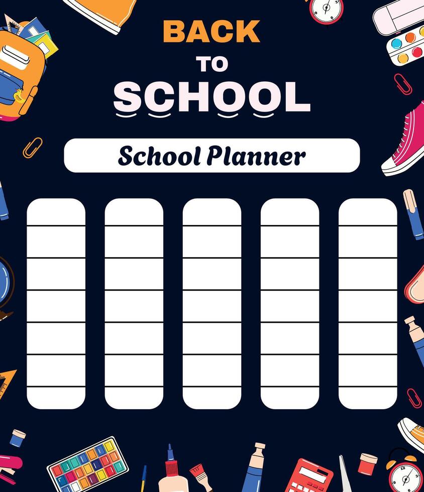 Note planner for school. Template for design and web. Text. Cover knowledge. Notebook. Minimalist style. Organizer. School timetable. Supply. Illustration. vector