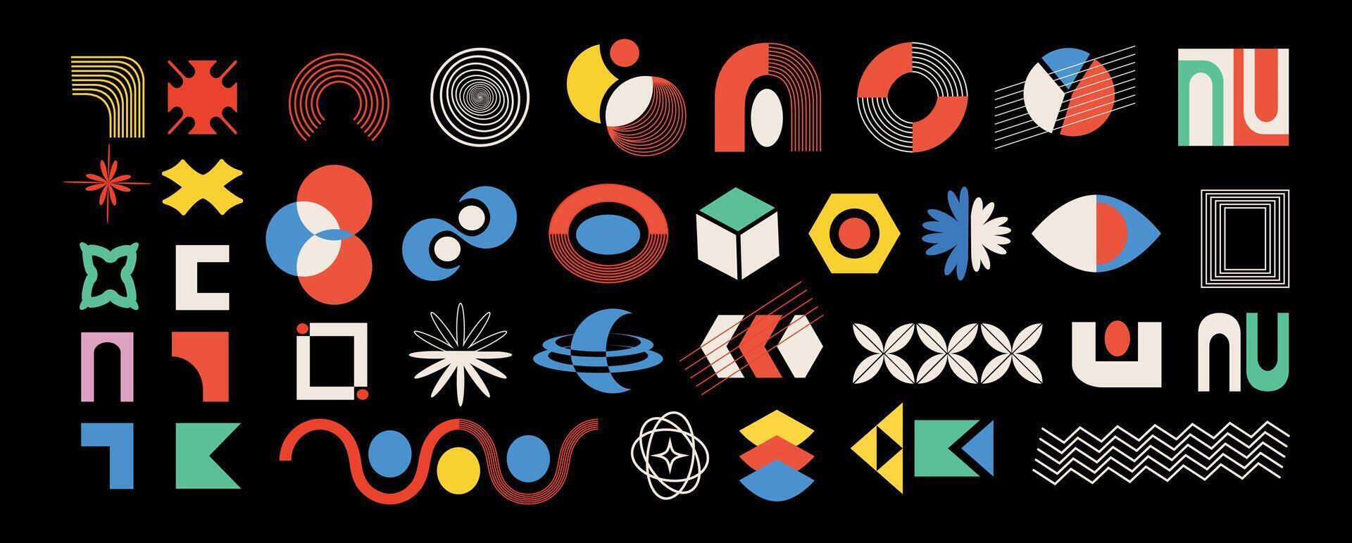 A set of abstract geometric figures in brutalist style. Modern trendy minimalism. Modernism. Bauhaus. Y2k. Retro aesthetic elements. Futuristic icons. Memphis extraordinary design. Groovy circles. vector