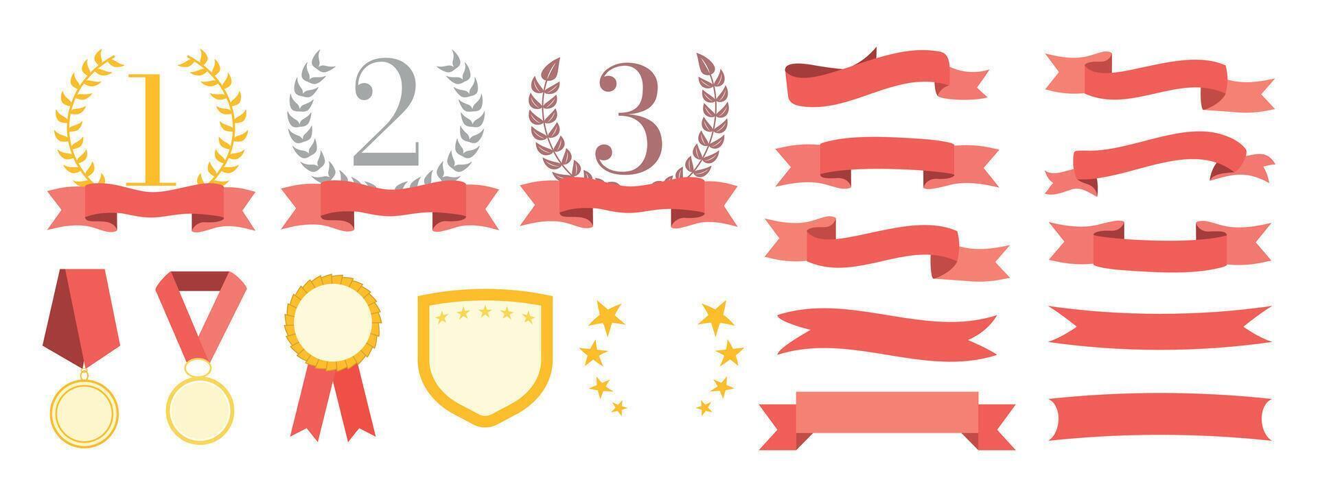 Set of flag,medals, cups. Reward for victory. Wreath. Frame and textbox. Competing and tournament. Ranking template. Elements for design. Winner. Premium quality stickers vector