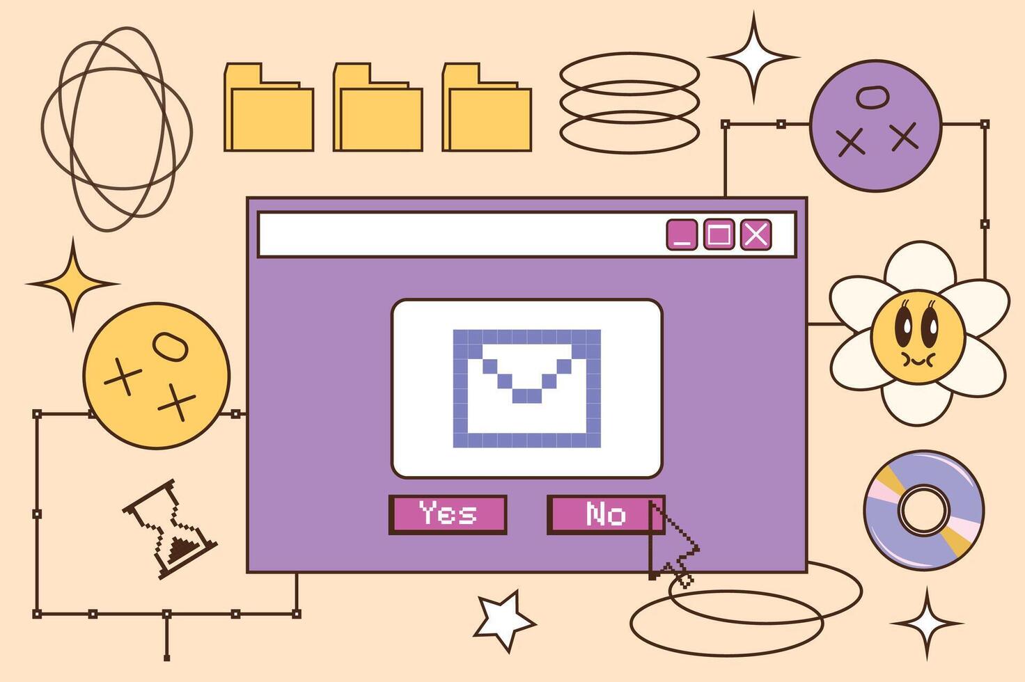 Groovy set in y2k style. Retro collection of browser popup icon. Vaporwave Textbox. Illustration. Personal computer, laptop. Psychedelic and hippie design. 00s aesthetic. Sticker Post template. vector