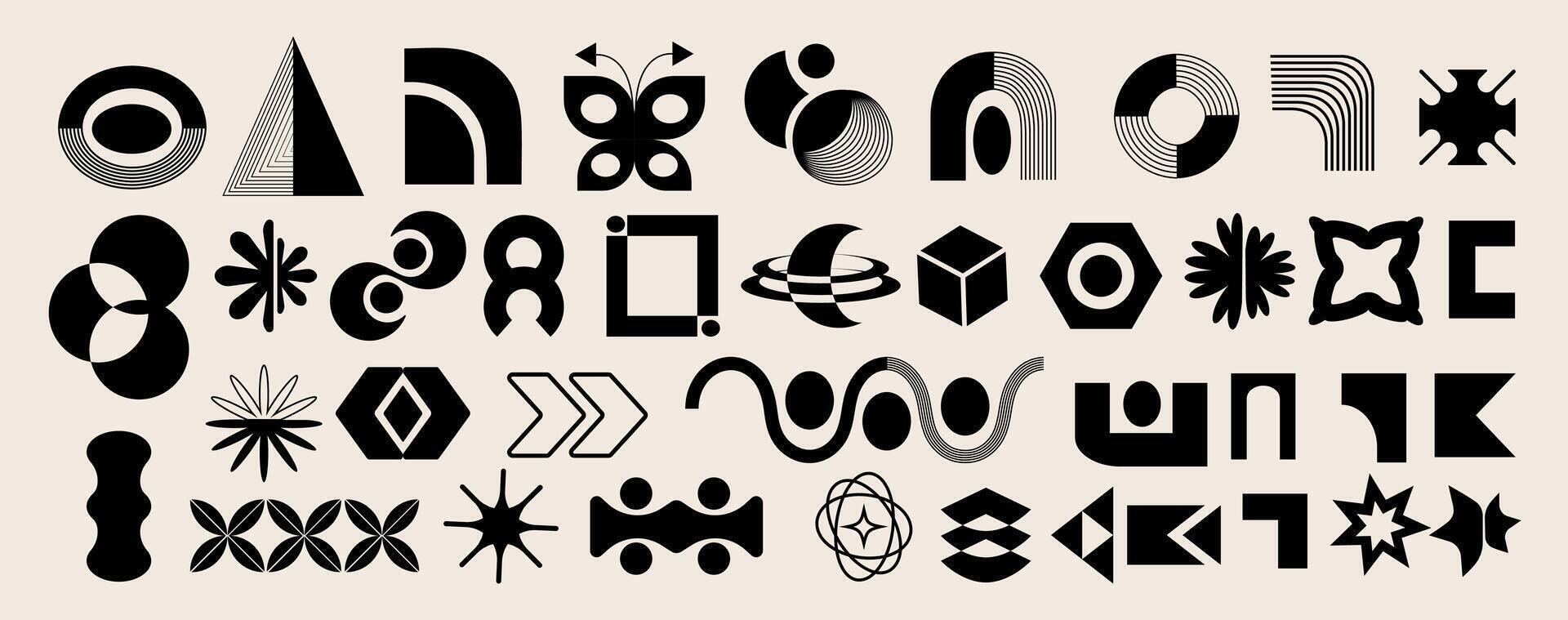 A set of abstract shapes and geometric figures in brutalist style. Modern trendy forms. Modernism. Bauhaus. Y2k design. Retro aesthetic elements, design. Brutal grids. Groovy primitive circles. Icons vector