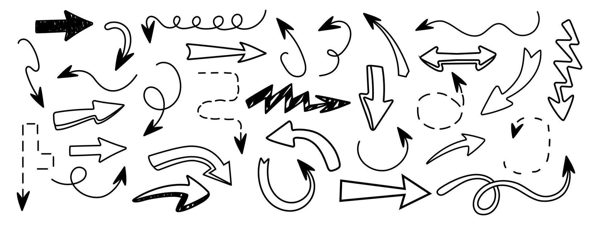 Set of arrows in different styles. Hand drawn and doodle. Editable stroke. Pencil and texture. Elements and shapes for design. Line and underline. Isolated. Mark. Curves. Abstract scribbles. Brush vector
