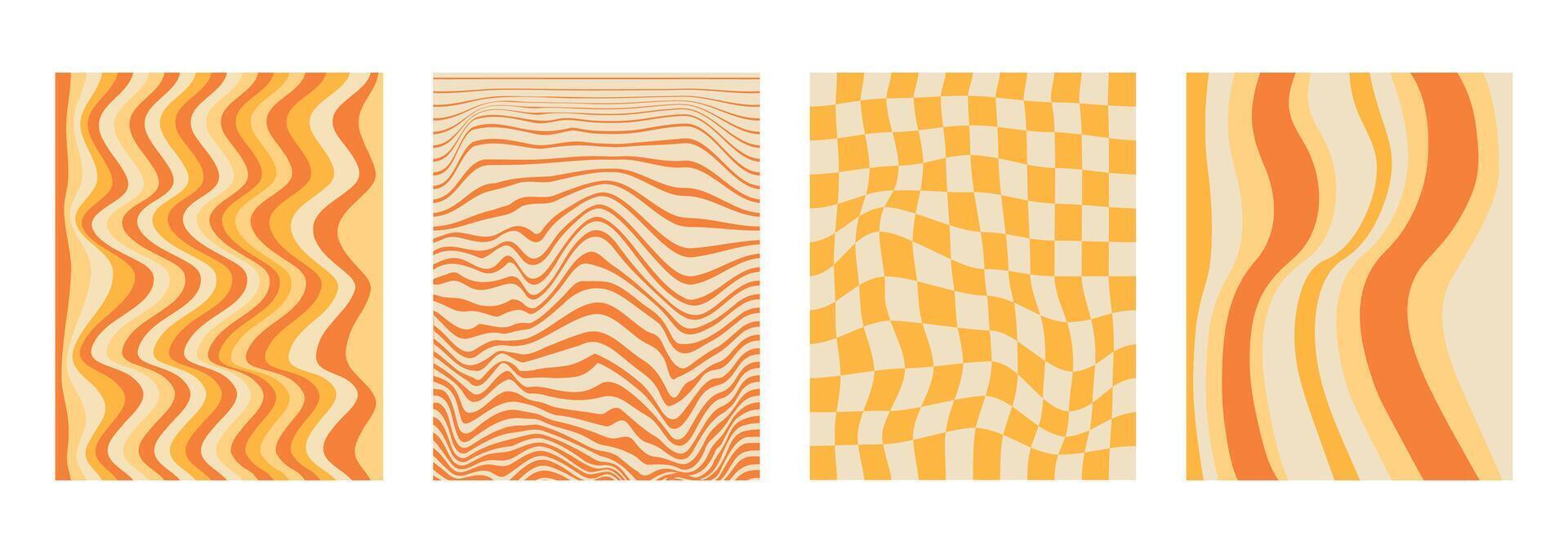 Set and collection of trendy twirl backgrounds in hippie and y2k style. Distorted posters. Waves, hearts. Chess. Spiral elements. Groovy swirl and retro psychedelic aesthetic pattern. Funky twisted vector