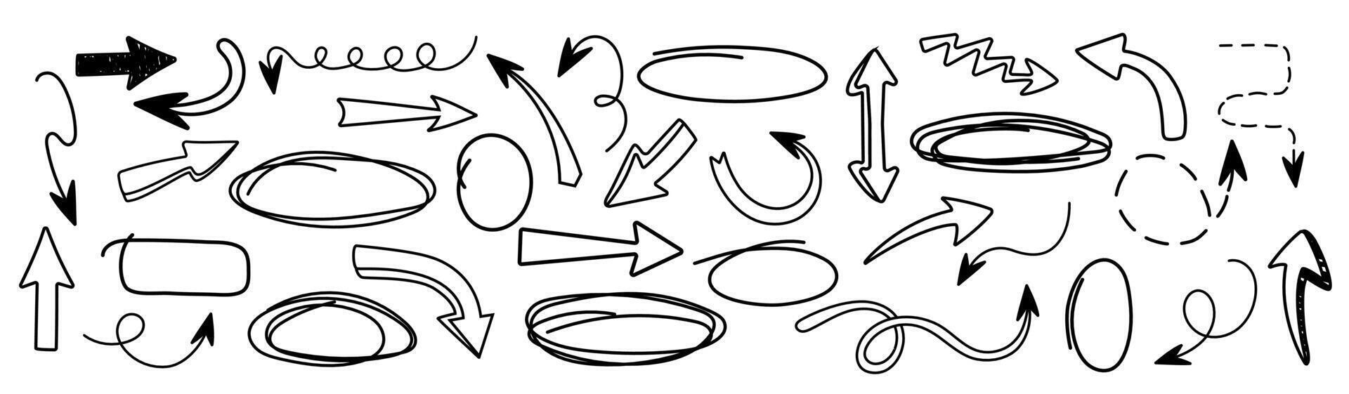 Collection arrows in trendy style. Hand drawn, doodle. Textbox, bubbles. Frame. Editable stroke. Pencil and texture. Elements, shapes for design. Line and underline. Mark. Curves. Scribble vector